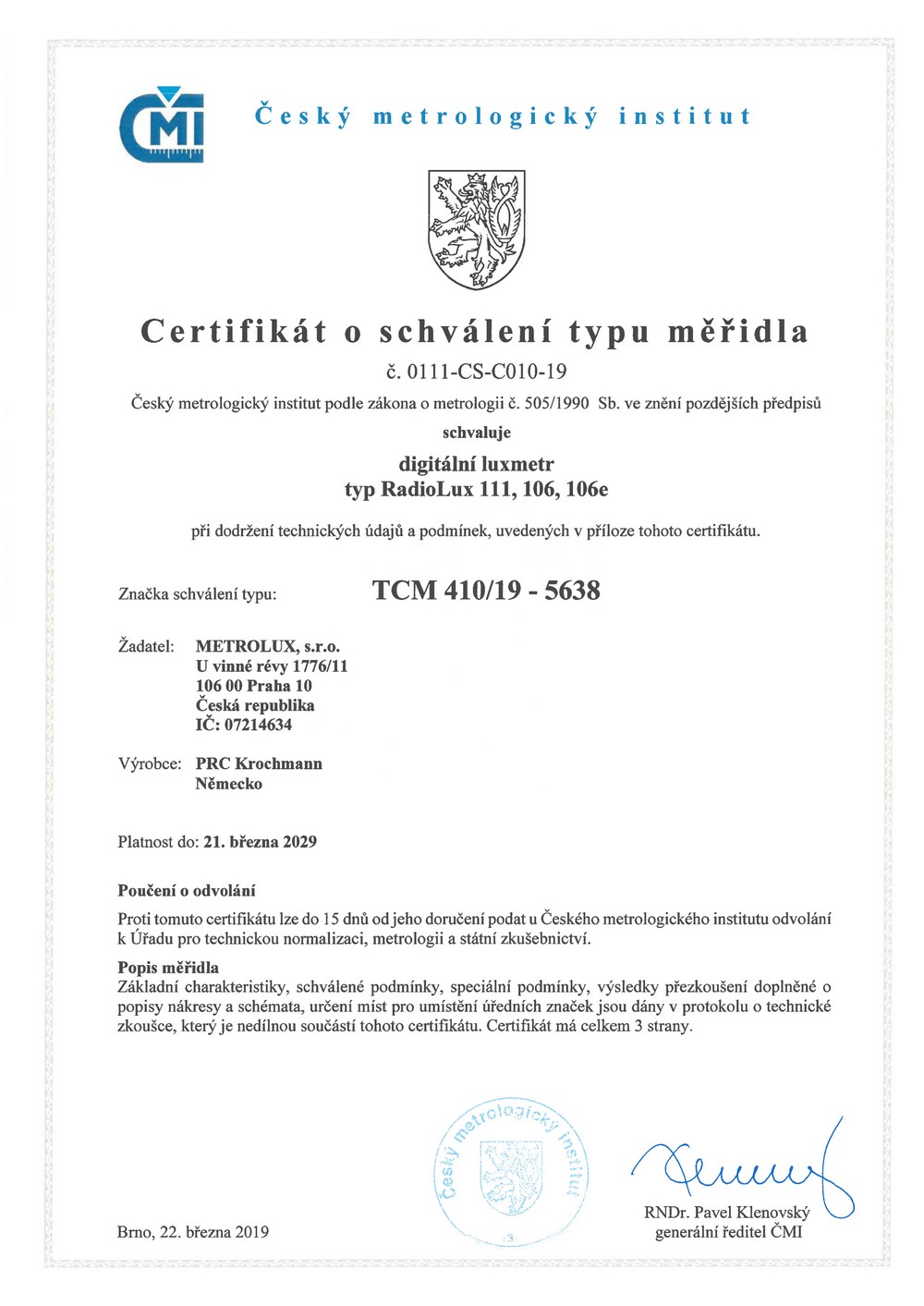 Obr. 1. Ukázka titulní strany certifikátu o schválení typu měřidla