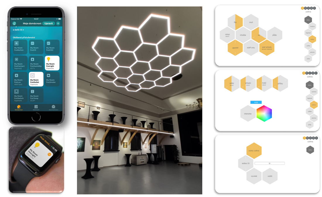 Obr. 6. Ovládací grafika je uložena v centrálním modulu Tecomatu Foxtrot, je interpretovatelná v mobilní aplikací nebo prostřednictvím webových prohlížečů a lze ji individuálně naprogramovat a přizpůsobit logice i vizuální identitě koncového uživatele; vlevo je nad sebou ukázka ovládání Home Kit z mobilního telefonu a hodinek, pod kterými je připojen systém Tecomat Foxtrot