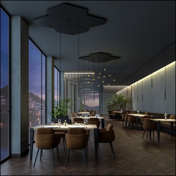 Vizualizace osvětlení restaurace polohovatelnými svítidla SNOOKER a systému HANGOVER PLUG
