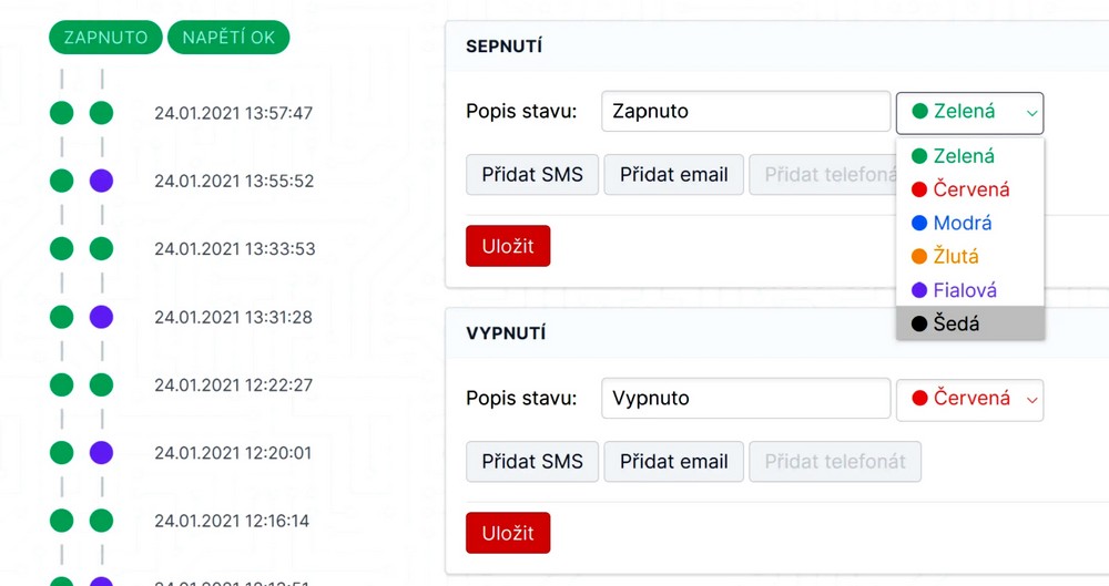 Obr. 3. Formulář pro konfiguraci zpráv o stavu zařízení (příklad nastavení zpráv o sepnutí a vypnutí)