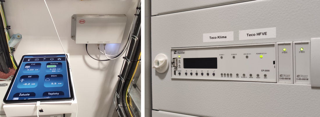 Obr. 6. Ukázka z technické místnosti – vlevo iPAD pro interaktivní přístup k řízení energetiky a TZB. celé budovy, vpravo detail centrálního modulu CP-2000 Tecomat Foxtrot