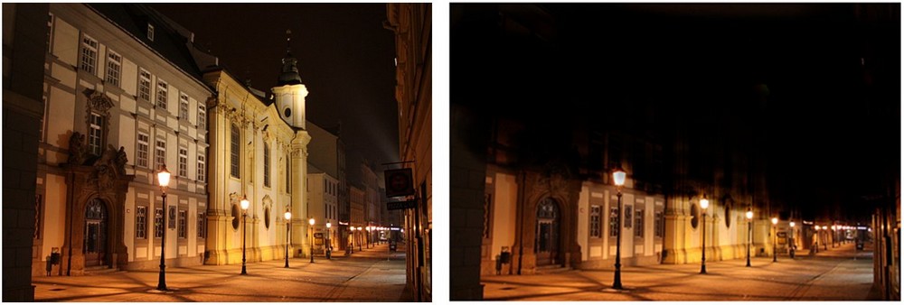 Obr. 2. Vlevo ulice osvětlená „škodlivými“ svítidly, vpravo osvětlení „ekologické“