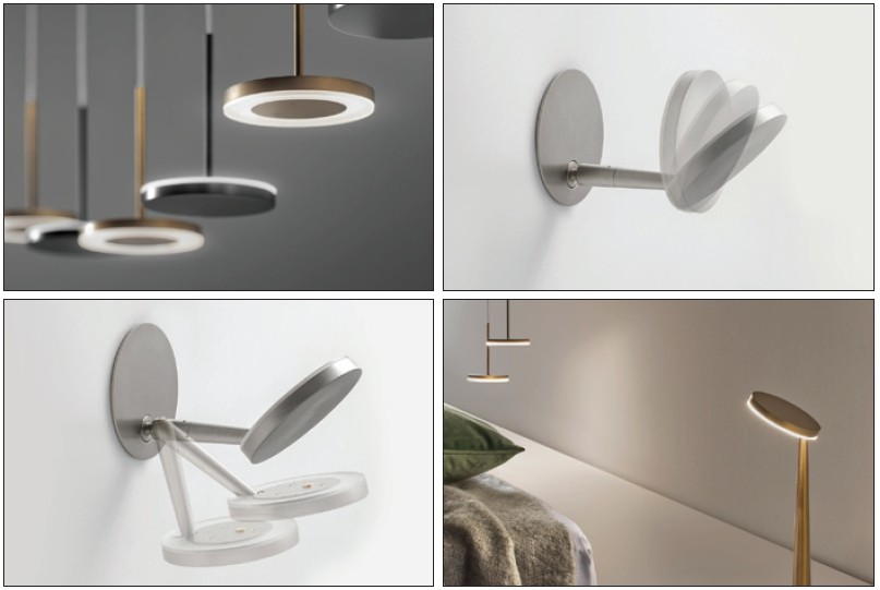 Obr. 4. Svítidlo Bella: stolní, závěsné, nástěnné, popř. zápustné, průměr 10 cm, 5 W LED, 388 lm, 70 000 h, 2 700 K, Ra > 90, přímé a nepřímé světlo, barva: bílá, černá, titan, bronz, matná mosaz (výrobce Panzeri, design: Enzo Panzeri)