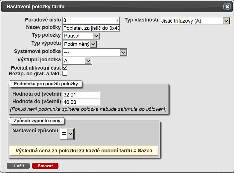 Obr. 2. Nastavení položky tarifu – jističe