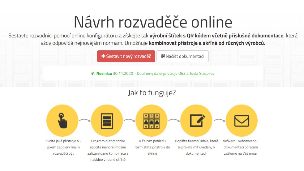 Obr. 1. Úvodní obrazovka aplikace s možností volby mezi návrhem nového rozváděče a prací s již hotovým rozváděčem