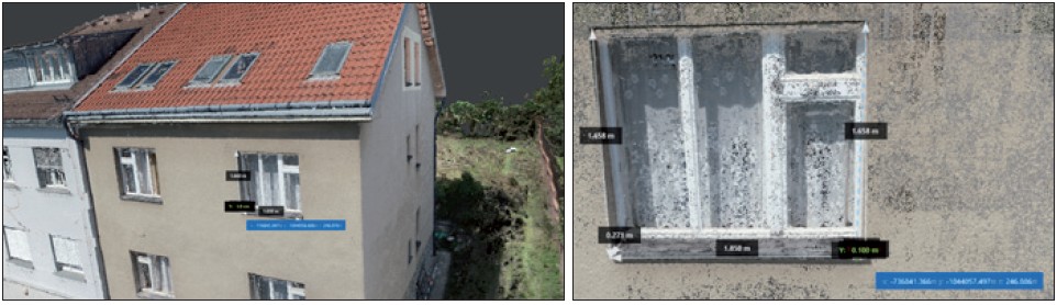 Obr. 2. Příklad detailu 3D modelu s možností zaměřit rozměry oken