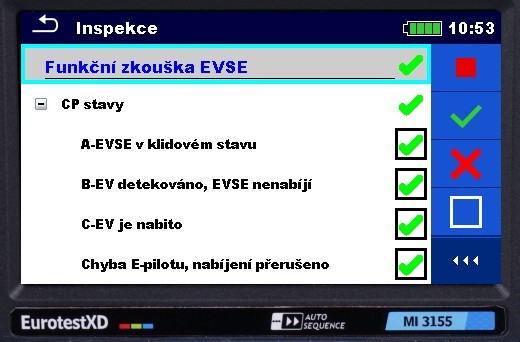 Obr. 2. Výsledky funkčního testu EVSE provedeného pomocí A 1532 a přístroje Eurotest XD