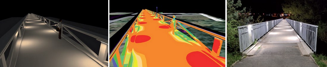 Obr. 7. Osvětlení lávky pro pěší svítidly AQUA- -40-LED (Planá, Západočeský kraj): a) studie – návrh osvětlení, b) výsledná realizace