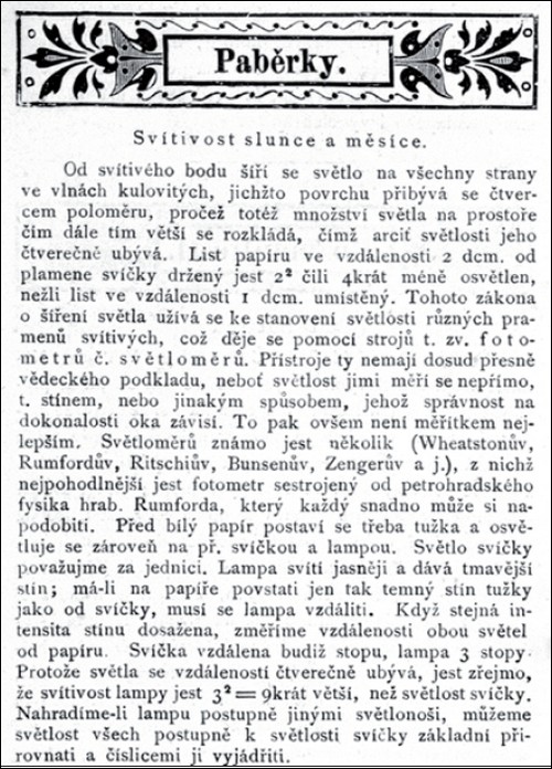 Úvodní část pojednání z roku 1883 – svítivost slunce a měsíce