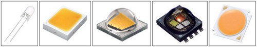 Obr. 2. Příklady konstrukčních typů LED součástek: zleva DIP LED, středně výkonná SMD MP- LED, vysoko výkonná SMD HP-LED, barevná SMD RGBW-LED, COB LED