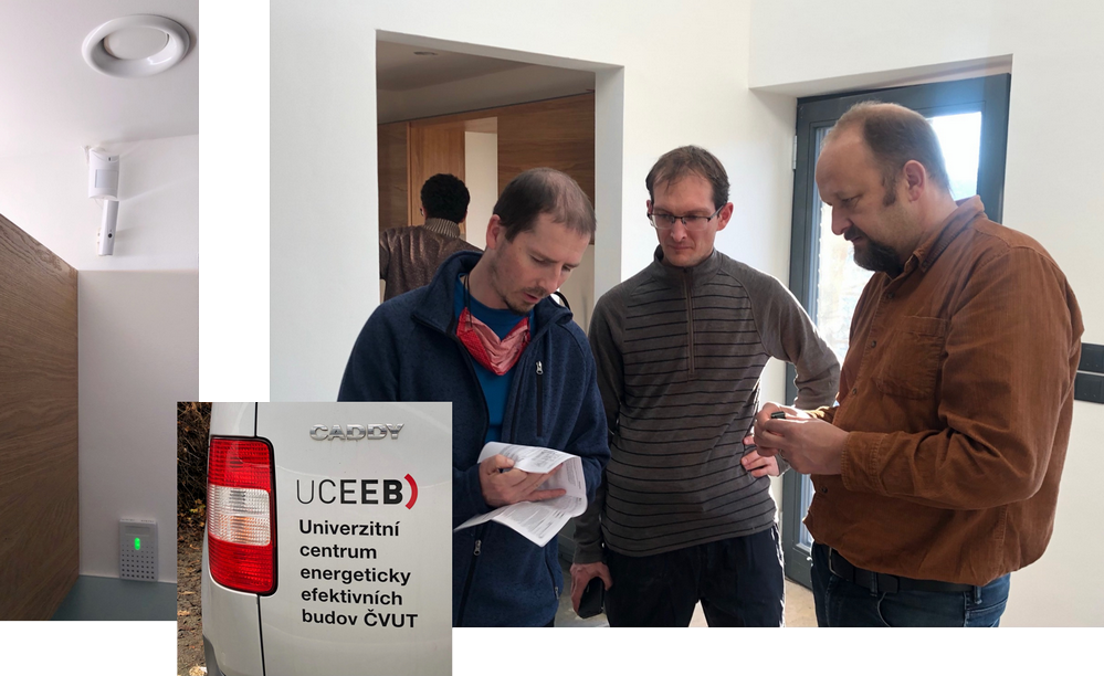 Obr. 14. Z výjezdu specialistů UCEEB z Buštěhradu přímo na místo instalace v Omicích u Brna. Jednak instalovali vlastní specializovaná čidla kvality prostředí, ale také v projektu měří, spravují a interpretují všechna dostupná data. Na pravidelných schůzkách všech zúčastněných firem včetně investora domu koordinují doporučení k dalším zlepšením