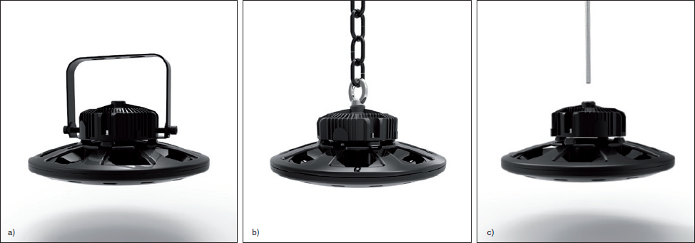 Instalace svítidla (zavěšení): a) konzola, b) řetěz, c) závitová tyč