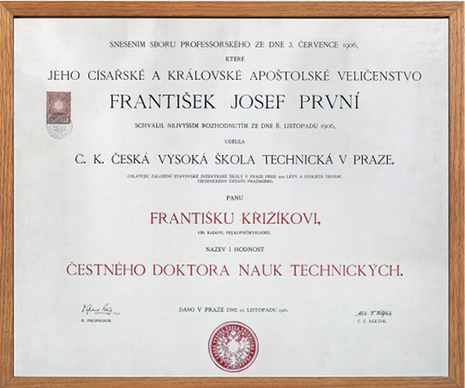 Diplom - Čestný doktor nauk technických udělený Františkovi Křižíkovi v roce 1906