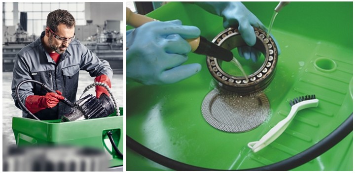 Obr. 2. Mycí stůl se štětcem MEWA Bio-Circle se používá v dílnách a výrobnách k ekologickému čištění nástrojů a kovových součástek