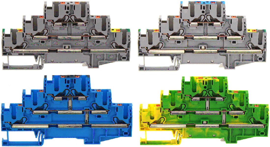 Třístupňové svorky PIKD 2.5 / PE / L / L, PIKD 2.5 / PE / L / N, PIKD 2.5 / SV BU a PIKD 2.5 / SV / PE GNYE s připojením Push-in.