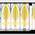 Obr. 2. Podélný řez kostelem se schematickým znázorněním osvětlovací soustavy