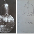 Obr. 12. Část lustru se stínidlem v dekoru Blitzglas, lustr: firma E. Bakalowitse synové – Vídeň, stínidlo: firma Lötz, 1910: a) foto, b) nákres rozměrů požadovaného stínidla