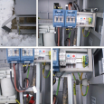 Obr. 21. Uzemnění stanoviště oddělovacího transformátoru (a), jisticí a regulační komponenty transformátoru (b), silový rozvod elektrické energie (c), detail ochranného pospojování ve vnitřním prostoru transformátoru (d)